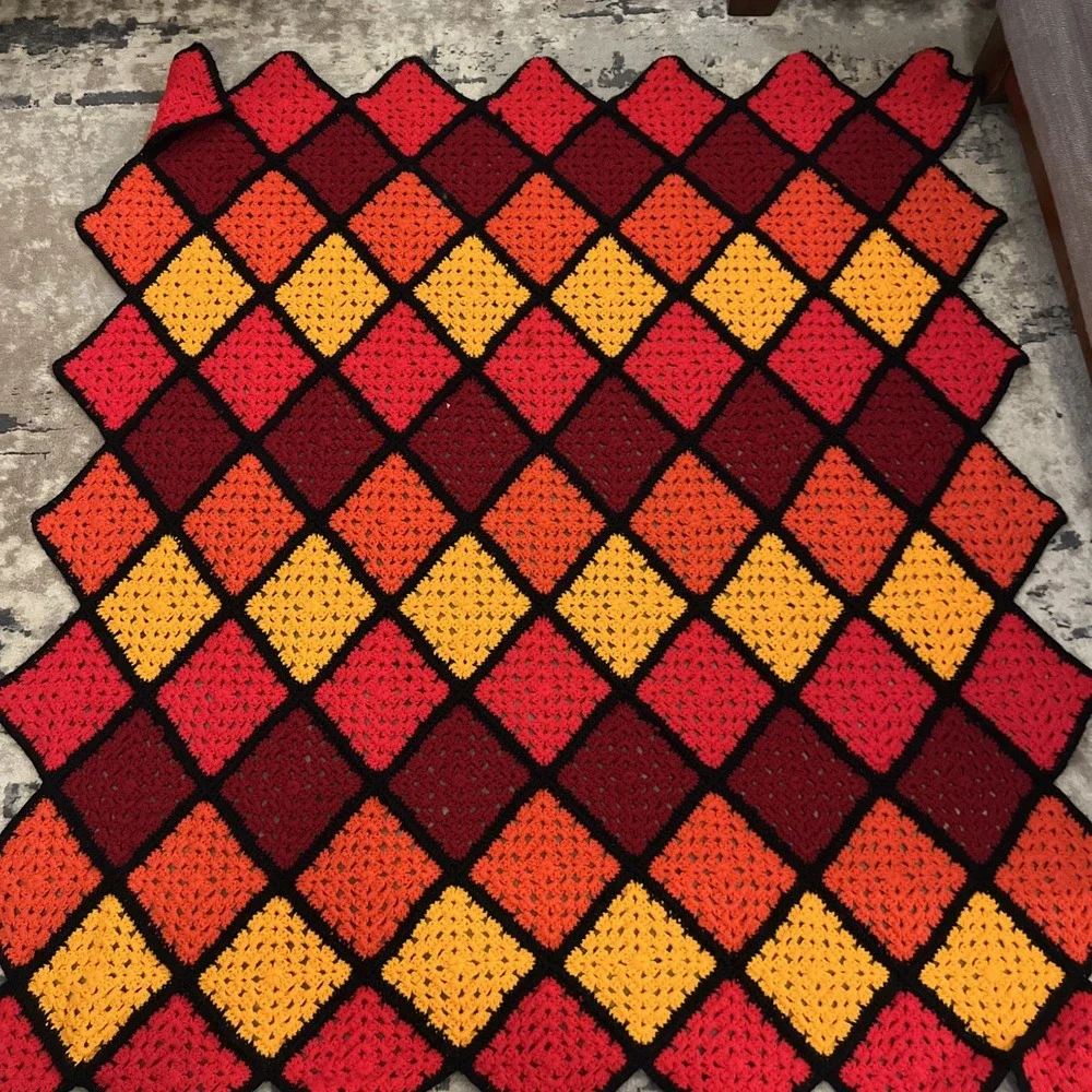 Vintage Hand Crocheted Granny Square Afghan Blanket Red Black Orange 64 By 56